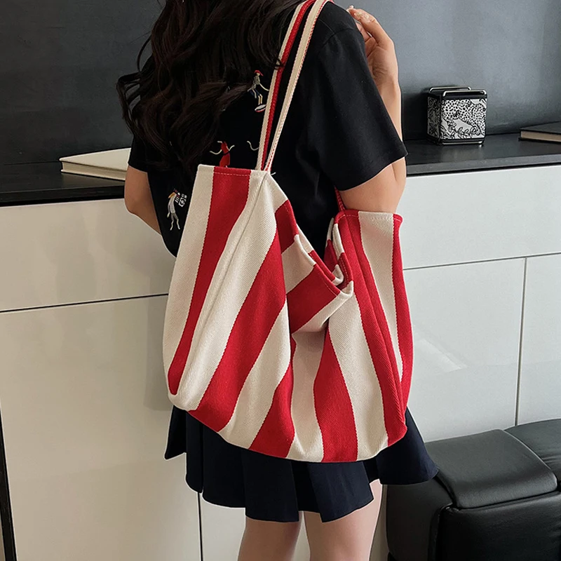 Sommerliche gestreifte Canvas-Tragetasche für Damen, lässig, große Kapazität, einfache Umhängetaschen, Einkaufshandtasche, tägliche Tragetasche – Detail 16