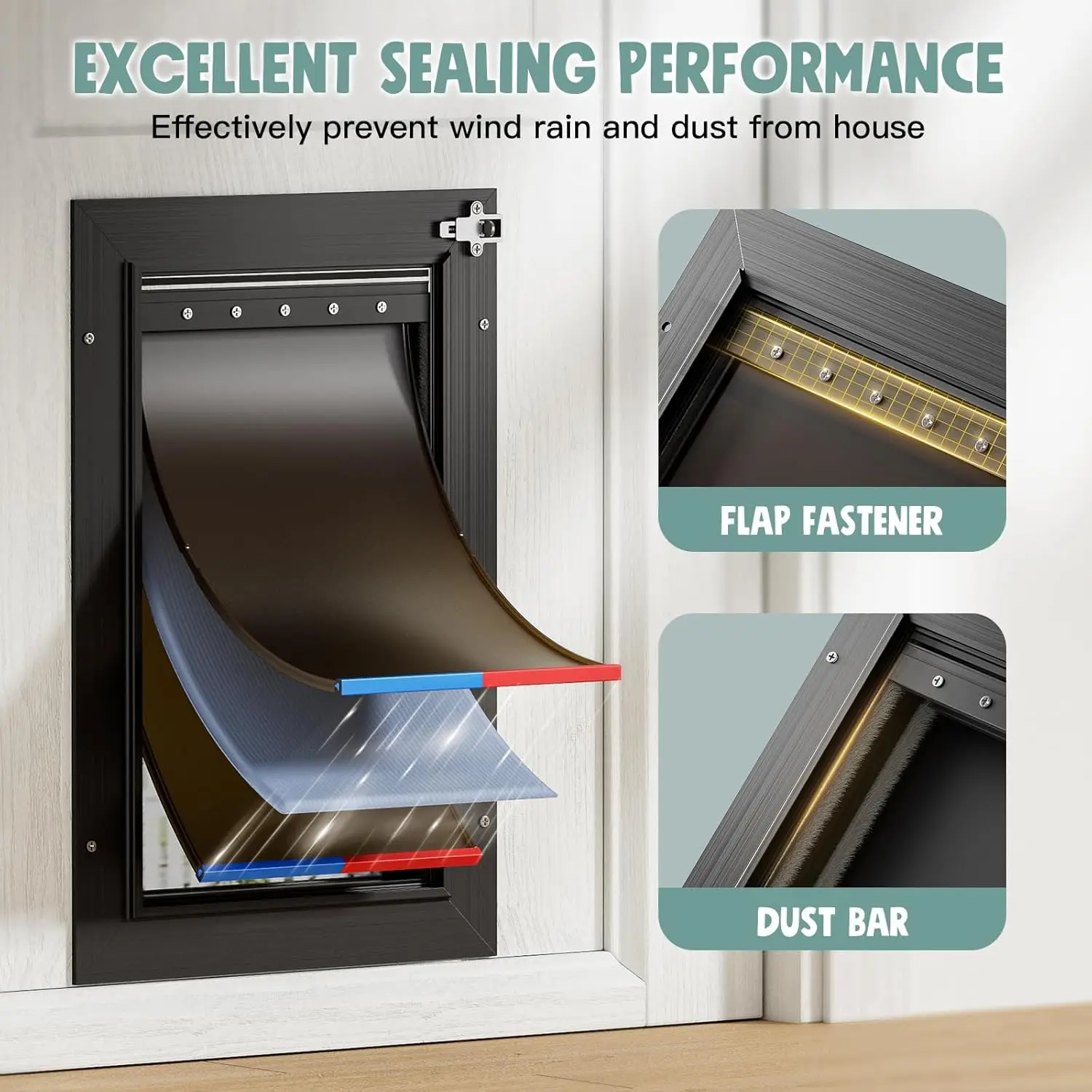 Heavy Duty Aluminum Dog Door, 3 Flaps Black, Insulation Design, Telescoping Tunnel for Pets Up to 110lb
