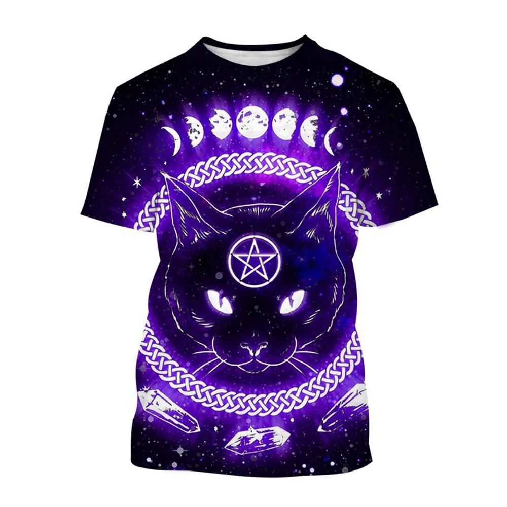 Summer Fashion Trend 3D Printing Moon Phase Star Pattern Cat Harajuku T-Shirt Comfortable Short Sleeved Top