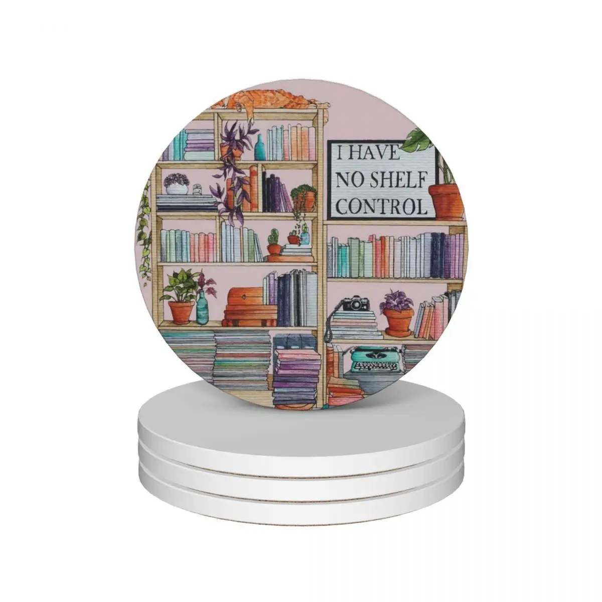 

Watercolor bookshelf I have no shelf control Ceramic Coasters (Set of 4) eat table for table plate Coasters