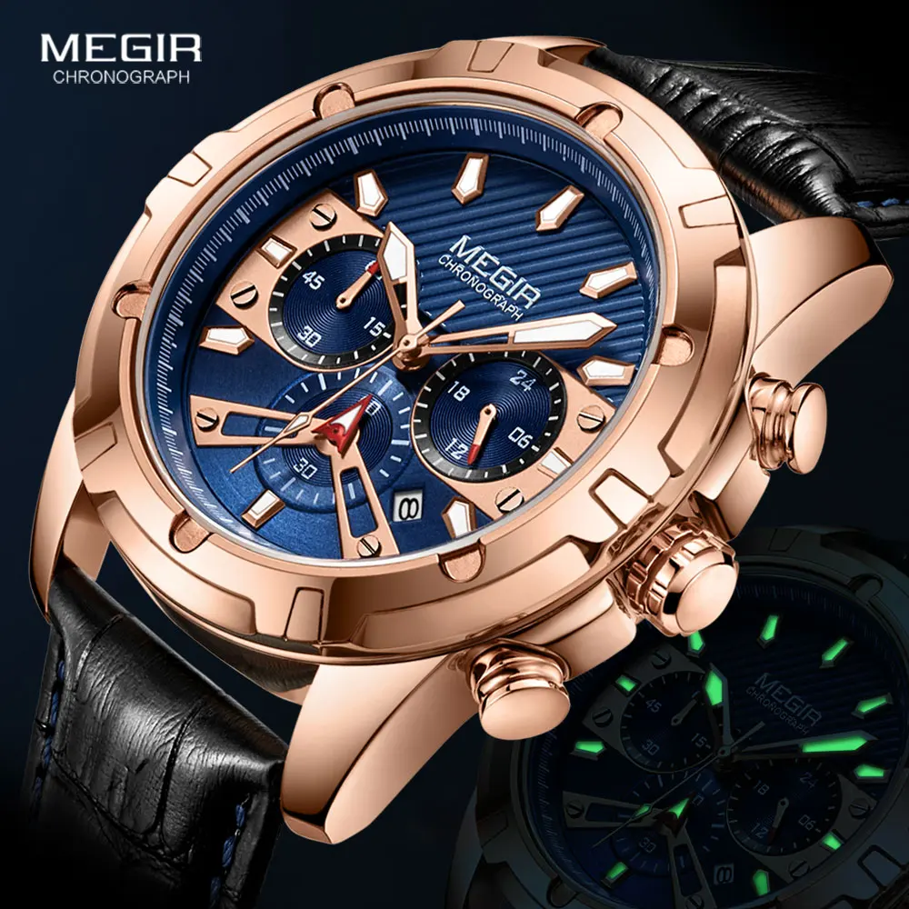 

MEGIR 2102, роскошные мужские часы, водостойкий кожаный ремешок, хронограф, автоматическая дата, модный ночник, кварцевые часы для мужчин