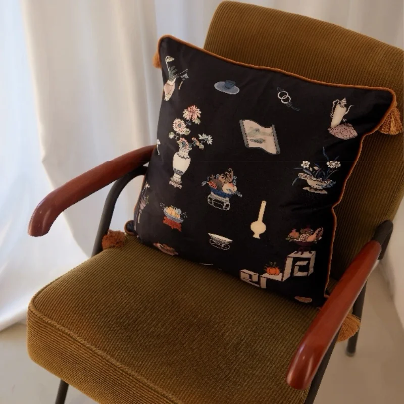Chinese Porcelain Cushion Case Black Ivory Cushion Case Retro Luxury Decorative Pillow Cover For Sofa Chair Home Decorations