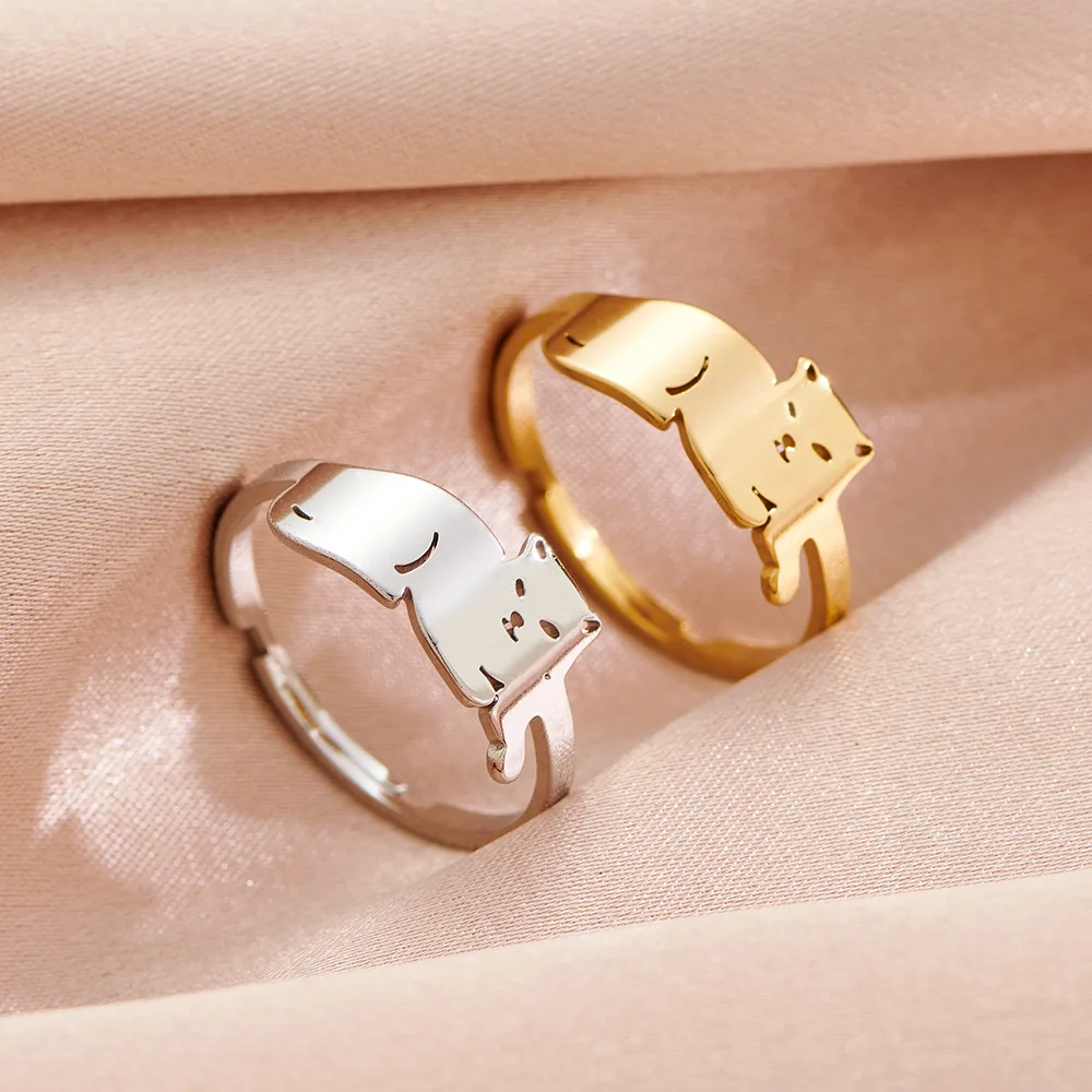 2024 new fashion stainless steel ring feminine temperament with light luxury lying cheetah cat open ring jewelry