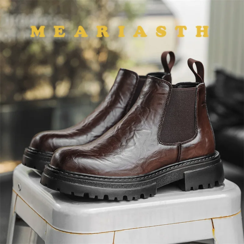 

Весенние мужские модные кожаные ботинки «Челси» на толстой подошве, деловые формальные короткие ботинки на меху, роскошные мотоциклетные ботинки в британском стиле