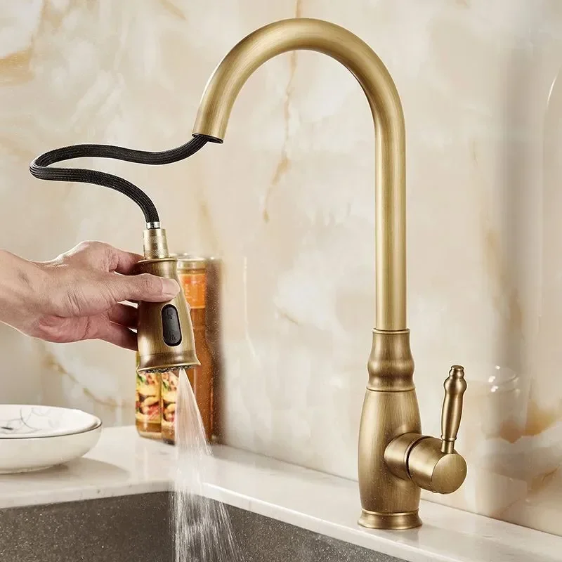 

Antique Single Handle Kitchen Faucet Classic Pull-Out Water Mixer Taps Hot Cold Function Polished Single-Hole Apartment Sink