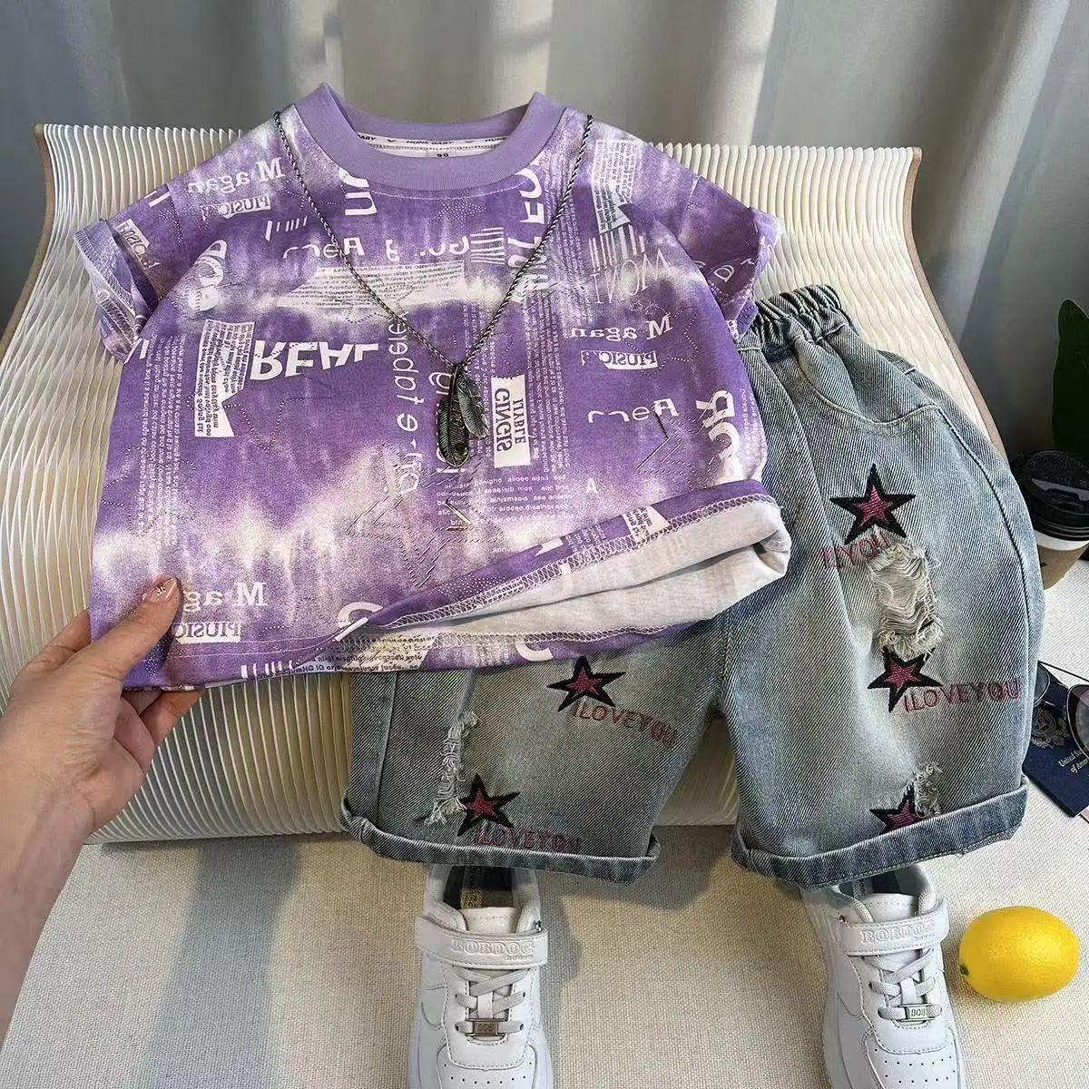 

Boys' Summer Set 2025 New Fashionable Children's Short sleeved T-shirt Cowboy Shorts Two piece Set