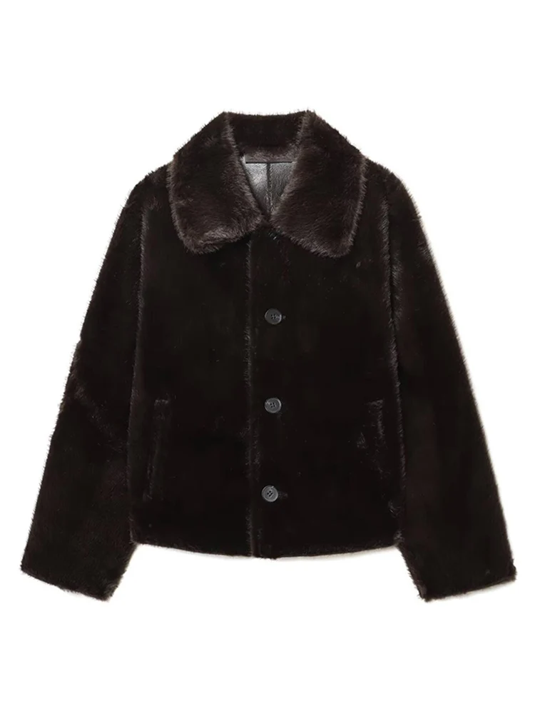 Winter Women New Double-sided Fleece Leather Jacket Fashion Reversible Lapel Single Breasted  Short Coat Retro Pocket Outwear