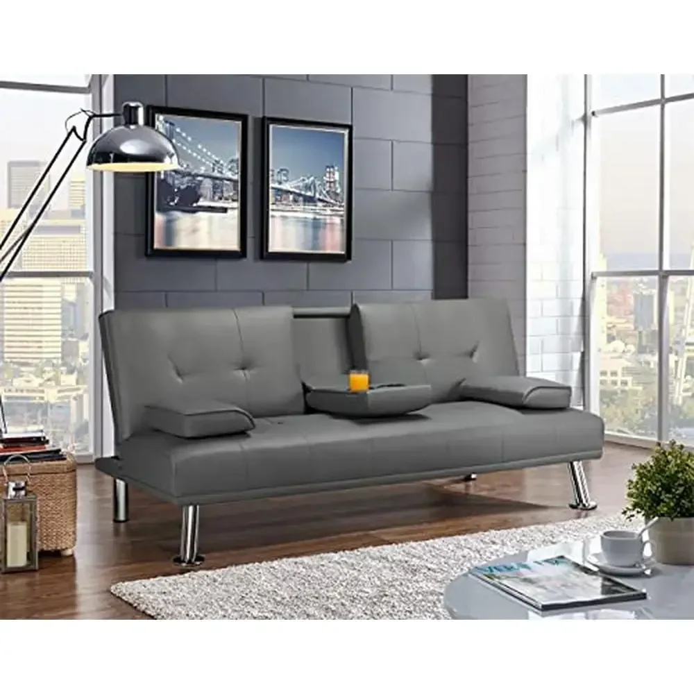 Modern Convertible Faux Leather Sofa Bed Folding Futon Armrest Recliner Home Furniture Living Room Gray 350kg Capacity & 3