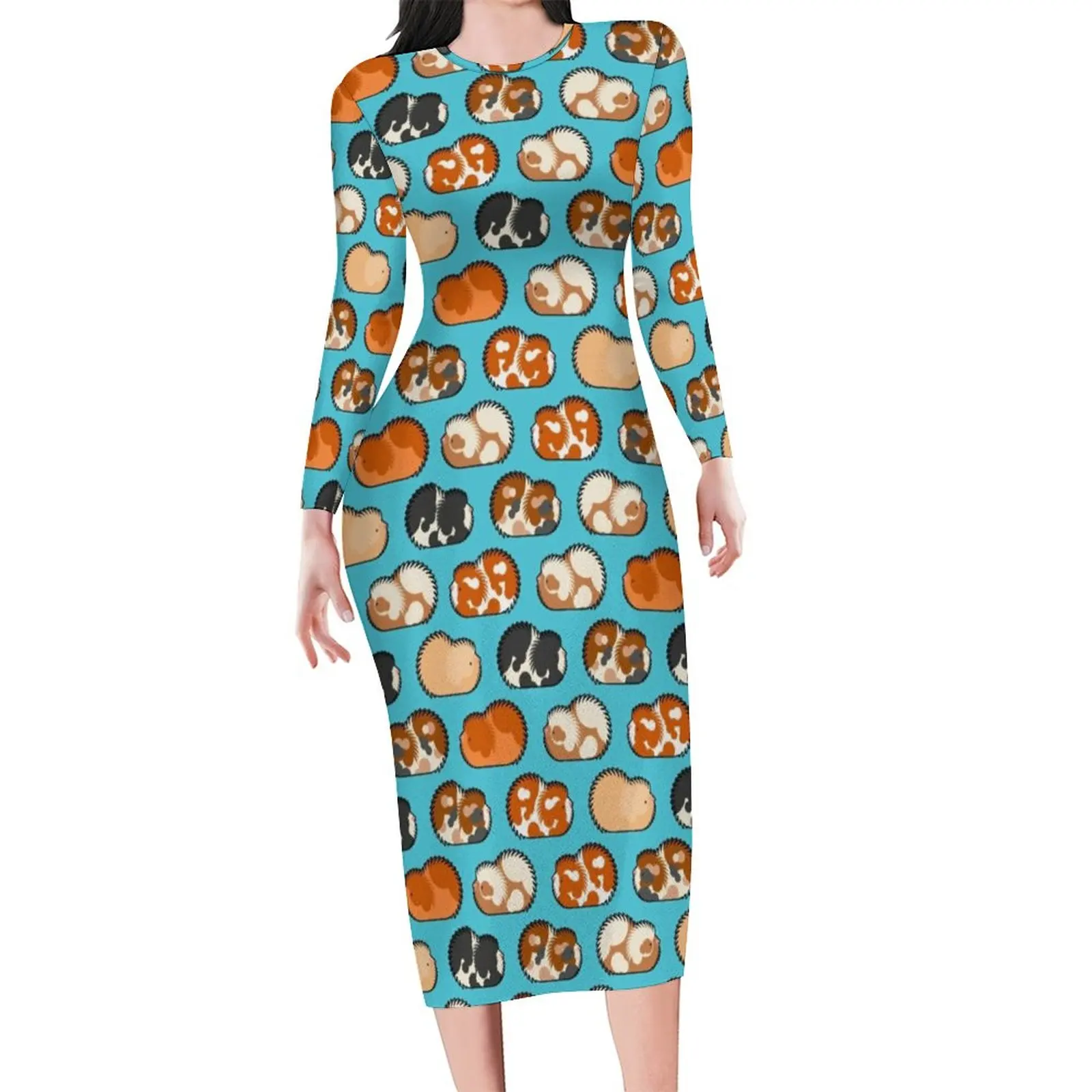 Guinea Pig Print Bodycon Dress Ladies Cute Animal Pretty Dresses Holiday Long Sleeve Street Wear Graphic Dress Large Size 6XL