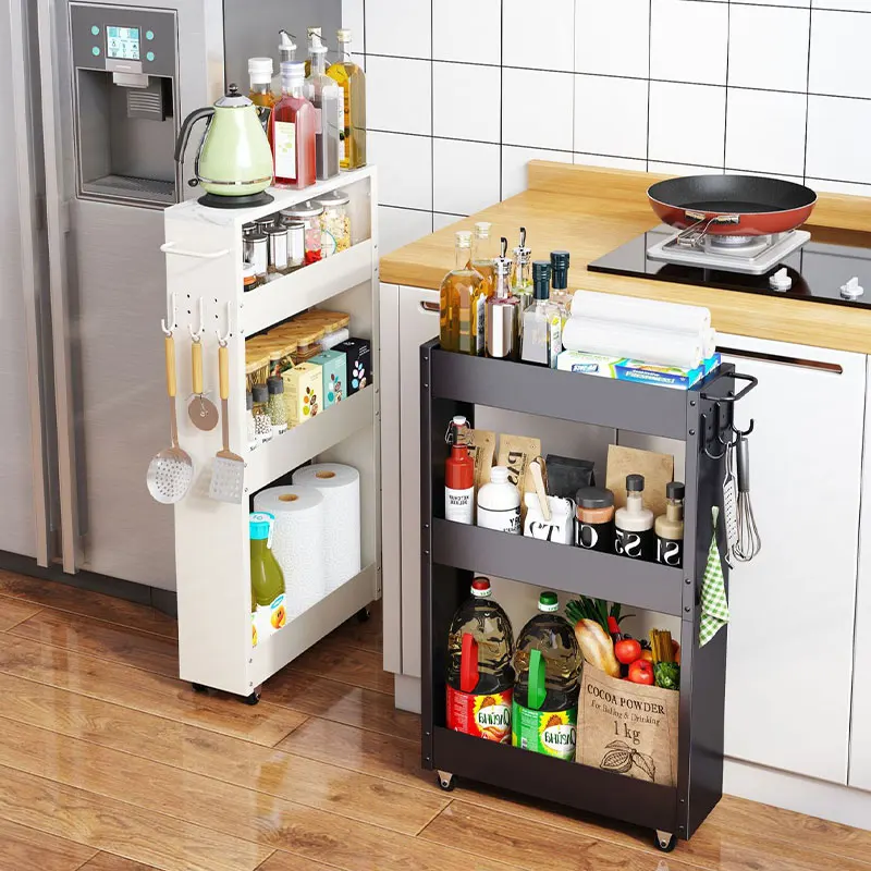 

Kitchen Metal 3/4 Tier With Wheels Narrow Spice Cart Rack Saving Space Oil Bottle Trolley Storage Holder Fruits Vegetables Shelf