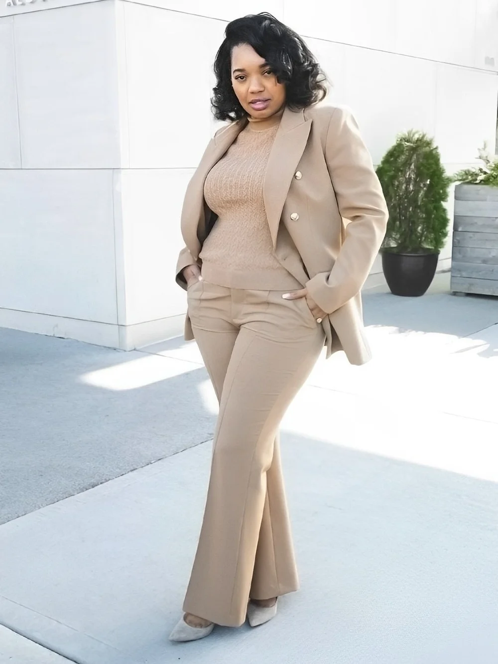 Tesco Khaki Casual Suit Blazer For Women Double Breasted Jacket Wide Leg Pants For Spring Thin Office Female Pant Sets 2024