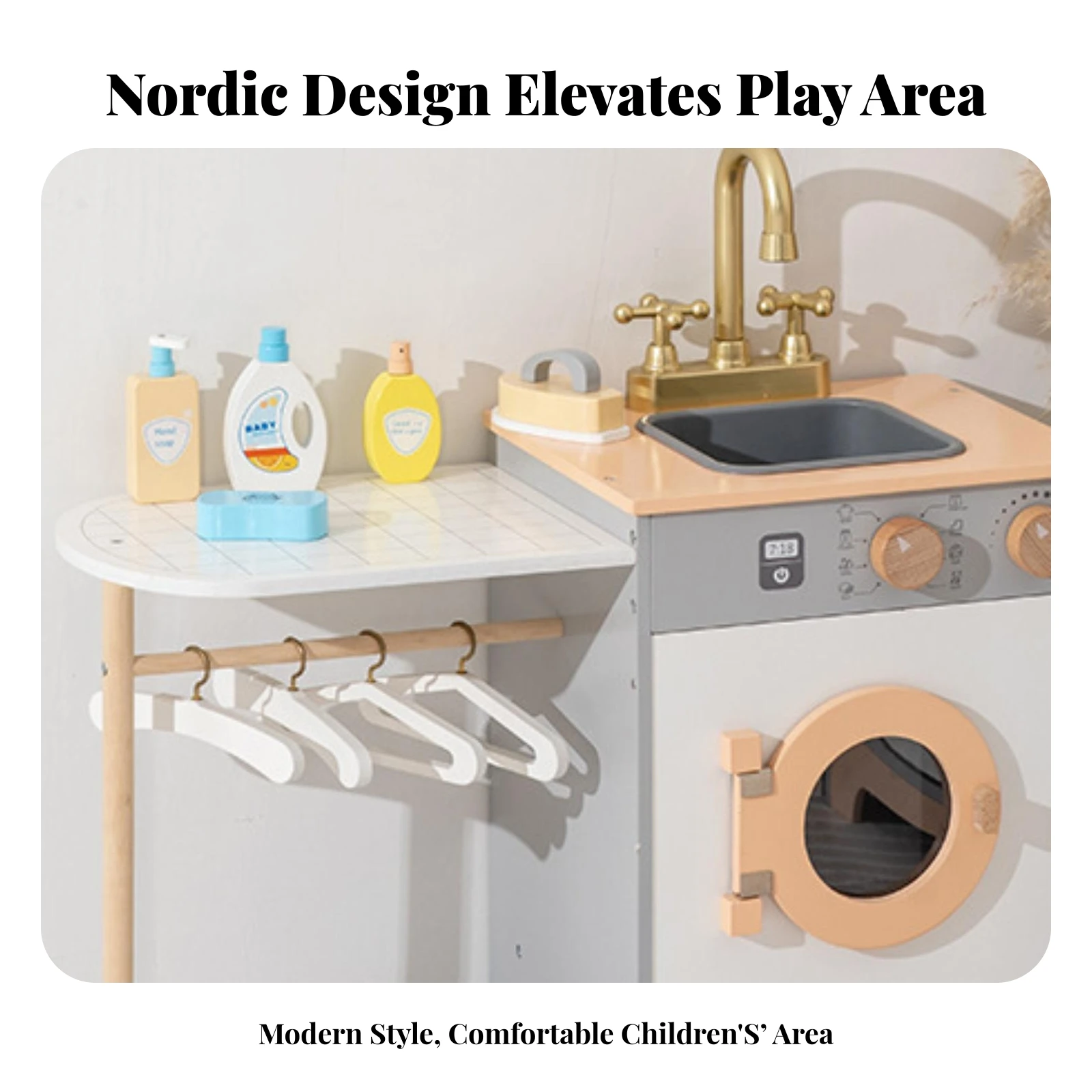 Wooden Laundry Set Gold-Tone Faucet Wooden Washing Machine Pretend Washing Machine Open and Close Doors for Children