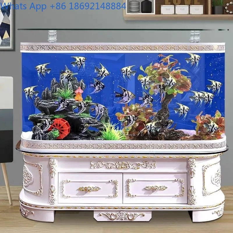 

European Style Fish Tank Double Round Fish Tank Ecological Golden Arowana Fish Tank Painted Living Room Floor-standing Aquarium