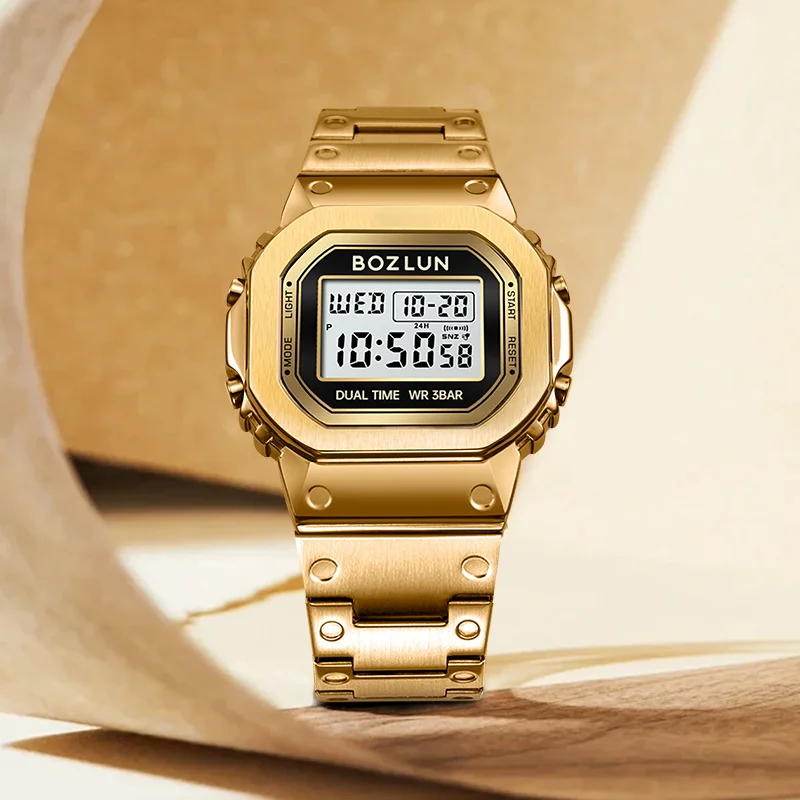 ساعة BOZLUN للأعمال الإلكترونية الرقمية المقاومة للماء للرجال والنساء، ساعة يد بسيطة من الفولاذ المقاوم للصدأ بشريط EL خفيف Reloj Hombre