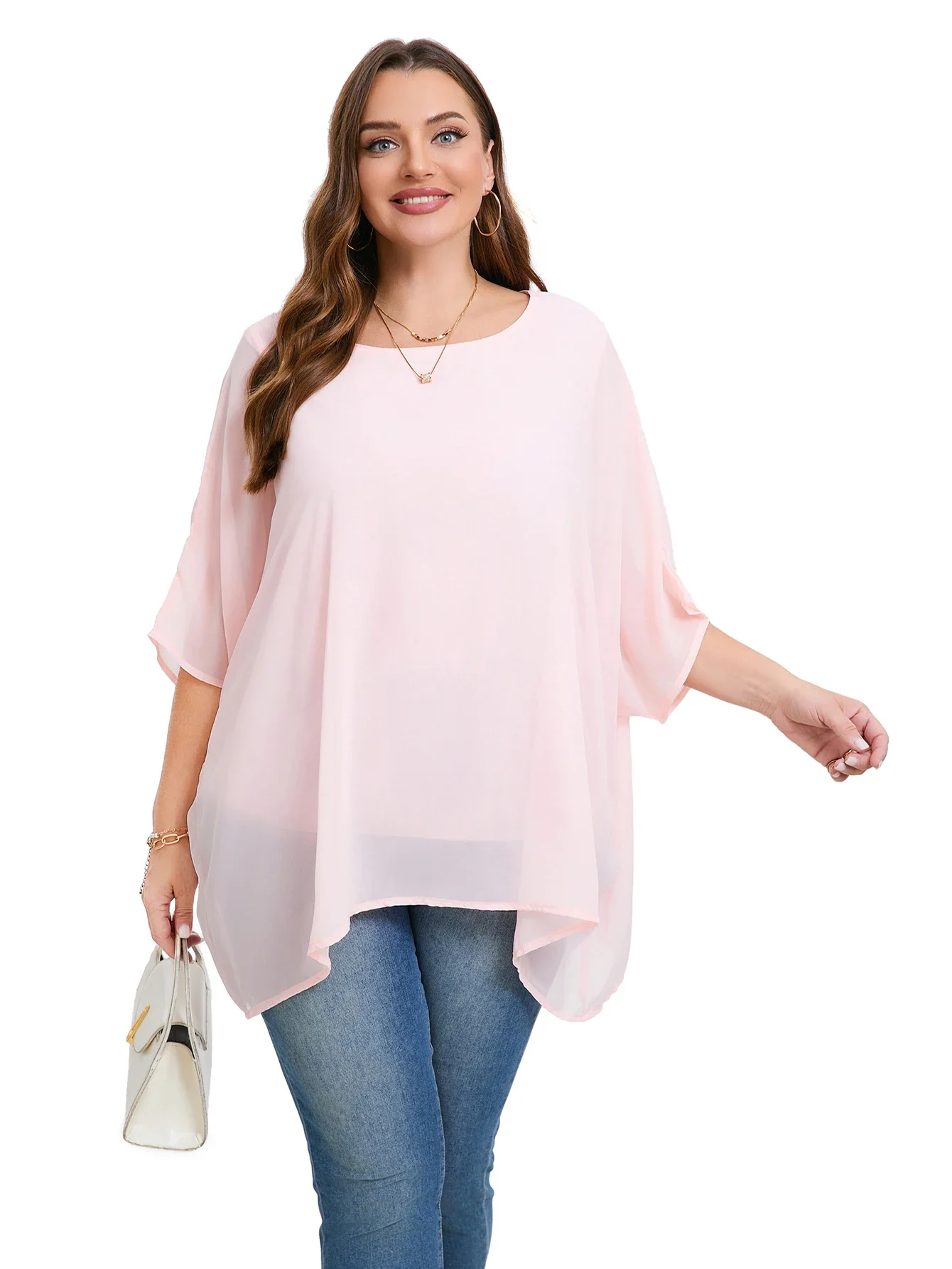 Womens Plus Size Elegant Summer Blouse Batwing Sleeve Oversized Chiffon Blouse Scoop Neck Large Size Casual Tunic Top Shirt 6XL