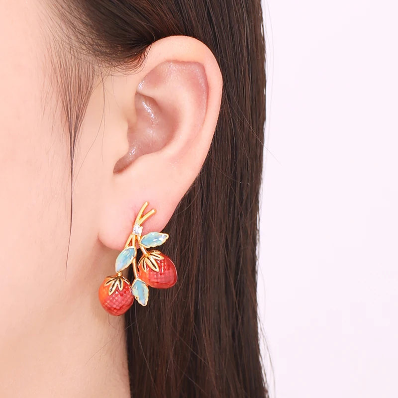 LEWIS SEGAL Strawberry with leaves Enamel Earrings for Women Sparkling Rhinestone Vintage Fine Jewelry 18K Gold Plated