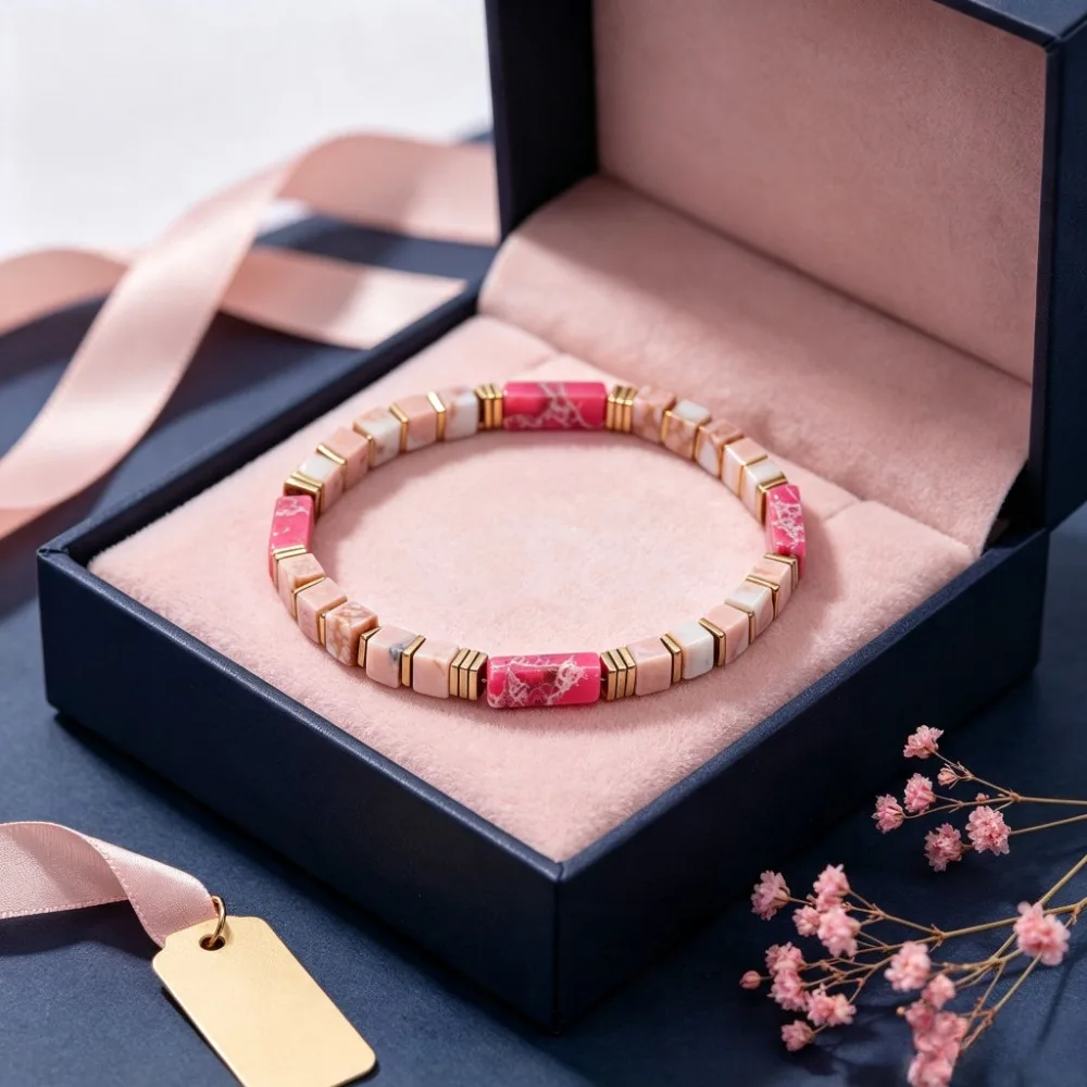 Square Beaded Bracelet of Natural Pink Imperial Stone Bracelet for Meeting True Love And Maintaining Sweet Romantic Relationship