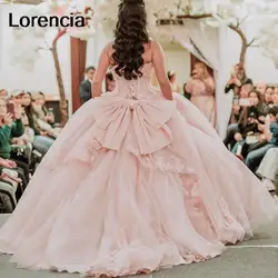 Lorencia Mexican Pink Off Shoulder Ball Gown Quinceanera Dress Bow Beaded Lace Applique Party Gowns Vestidos De 15 Años YQD615