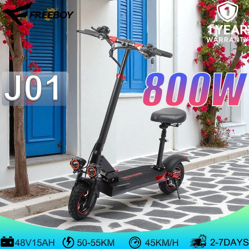 

J01 Электрический скутер 800 Вт 10 дюймов Внедорожные вакуумные шины 48 В 15 Ач 31-34 миль Диапазон 28 миль вс Высочайшая скорость 331 фунта Нагрузка Двойные дисковые тормоза IPX5