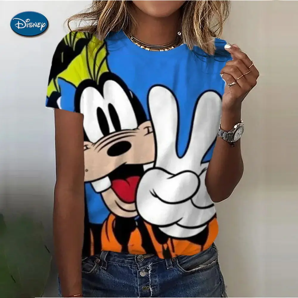 2024 New Summer women\'s T-shirt cartoon pattern casual Disney Goofy short sleeved T-shirt women\'s clothing oversized street clot