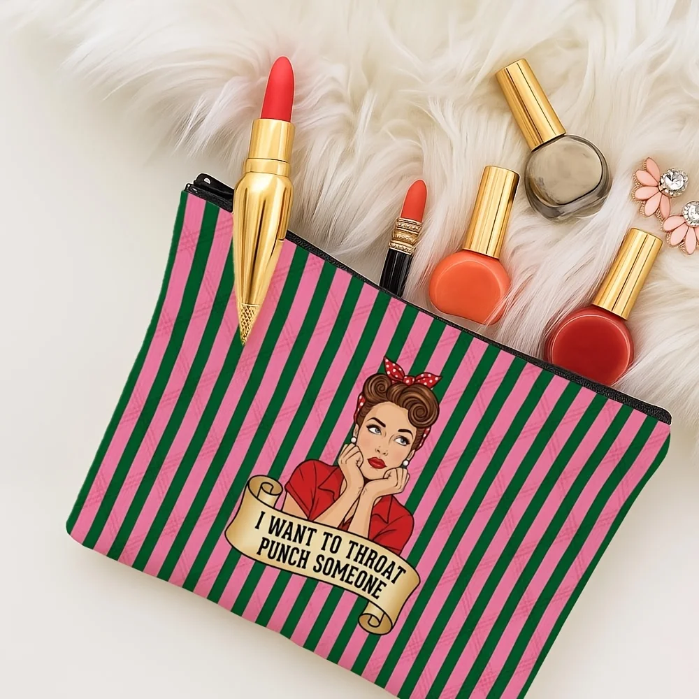 Retro Pin Up Girl Makeup Bag Pink Green Stripe Funny Slogan Print Zipper Cosmetic Pouch Travel Storage Bag Humorous Gift Friends