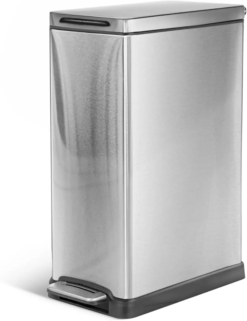 

12 Gallon Slim Kitchen Trash Can with Soft Close Lid, Step Pedal, Bag Tuck Band & Removable Liner in Stainless Steel Silver