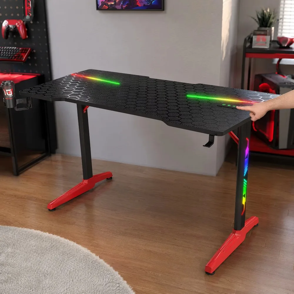 18Mm Honeycomb Textured Computer Desk with 5V USB LED Light, Cup Holder and Headphone Hook