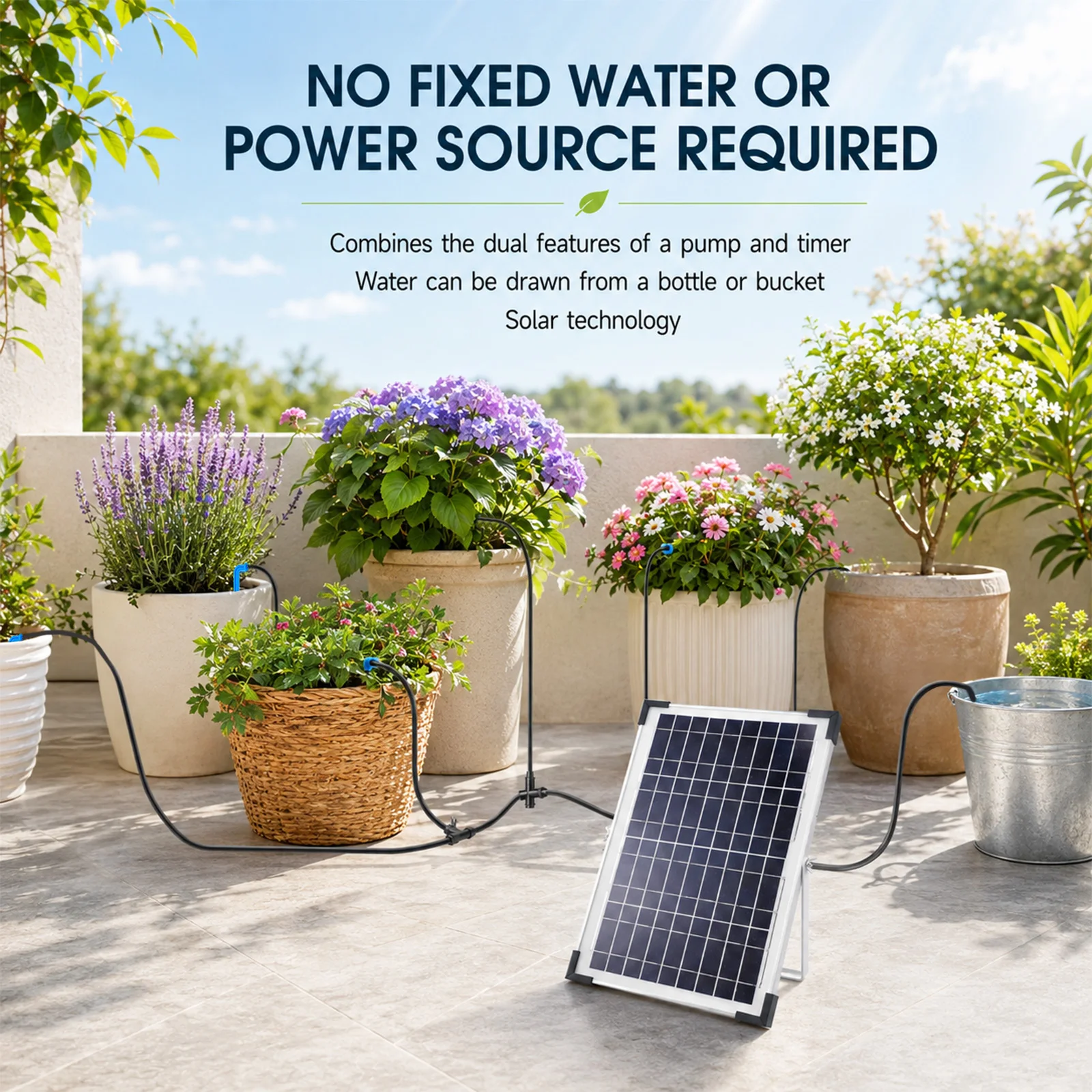 Sistema de riego por goteo automático con energía solar, manguera de 35 m y 300 modos de riego, dispositivo de riego automático para 30 plantas en macetas, ideal para balcones, jardines y invernaderos.