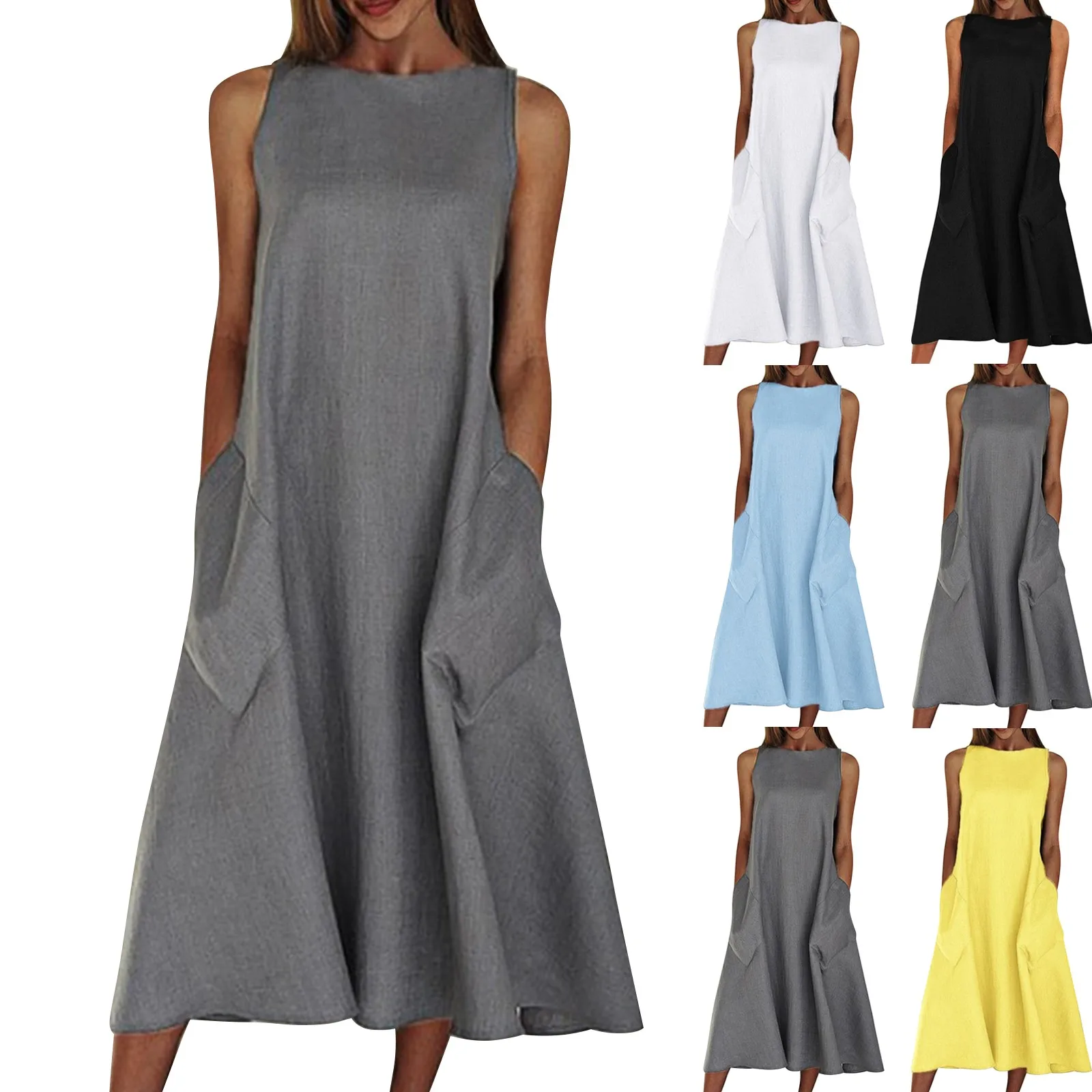 Vestido solto feminino algodão linho cor sólida verão novo maxi vestido sem mangas em torno do pescoço com bolso casual diário vestido longo