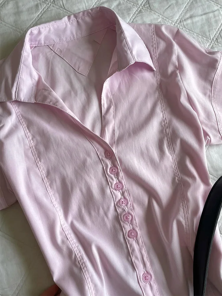 

Original Unique Beautiful Pink ort Sve irt Summer Slimming Top for Girls Vintage Sle Cotton Collar Button up