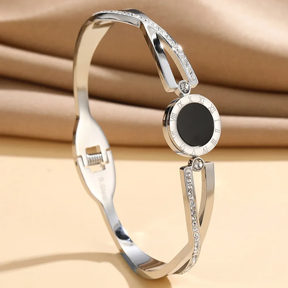 Vintage Roman Numeral Black Disc Bracelet With White Zircon Stainless Steel Cross Metal Bangles Silver Gold Color Jewelry Gifts - Detail 1