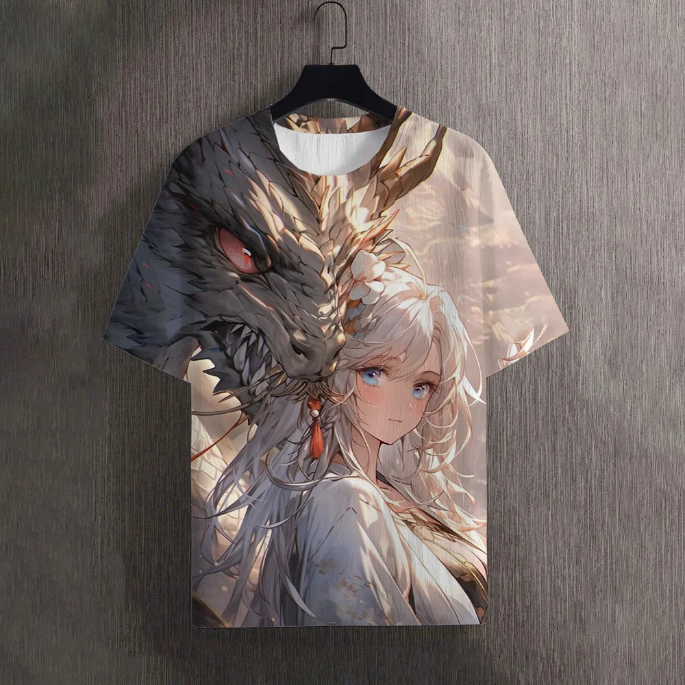 Men\'s T-Shirts Summer Dragon Messenger Pattern 3D Print Top Tees Beautiful girl Women Streetwear Oversized T Shirt Men Clothing