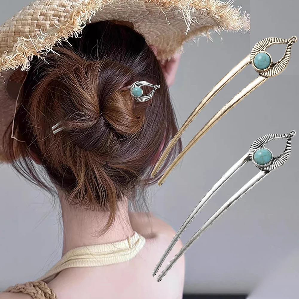 Egypt Turquoise U Shape Hair Fork Hairpin for Women Metal Hair Sticks Shell Enamel Hair Stick Headwear Hair  Accessories Jewelry
