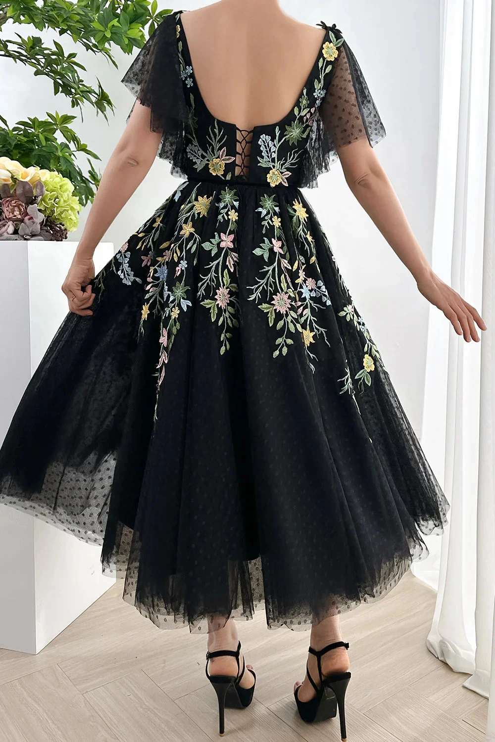 Annie Elegant Lady Black Wedding Dress Luxury Floral Tulle Sweetheart Princess Prom Dresses Puff Sleeves Bespoke OccasionDresses