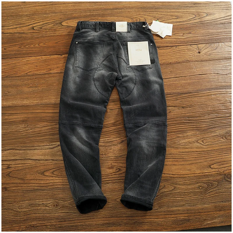 2026 New Black Motorcycle Spliced Washed Jeans Men Distressed Faded Stretch Slim Fit American Streetwear High-End Denim Pants