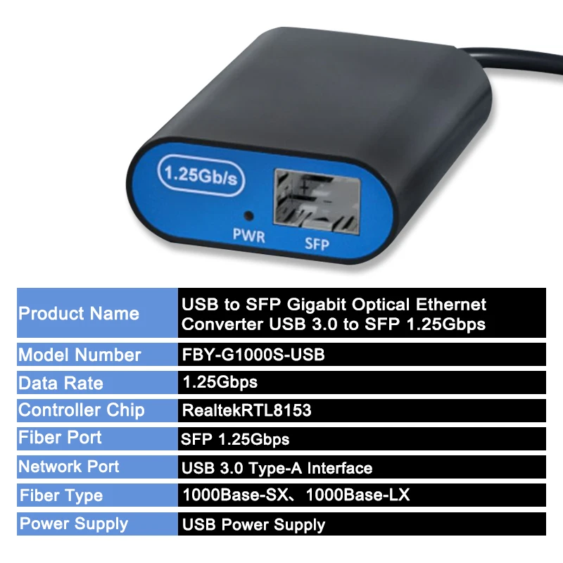 USB 3.0 to SFP Gigabit Ethernet Network Adapter 1000Mbps SX/LX SFP Fiber Media Converter Supported For Windows, mac OS and Linux