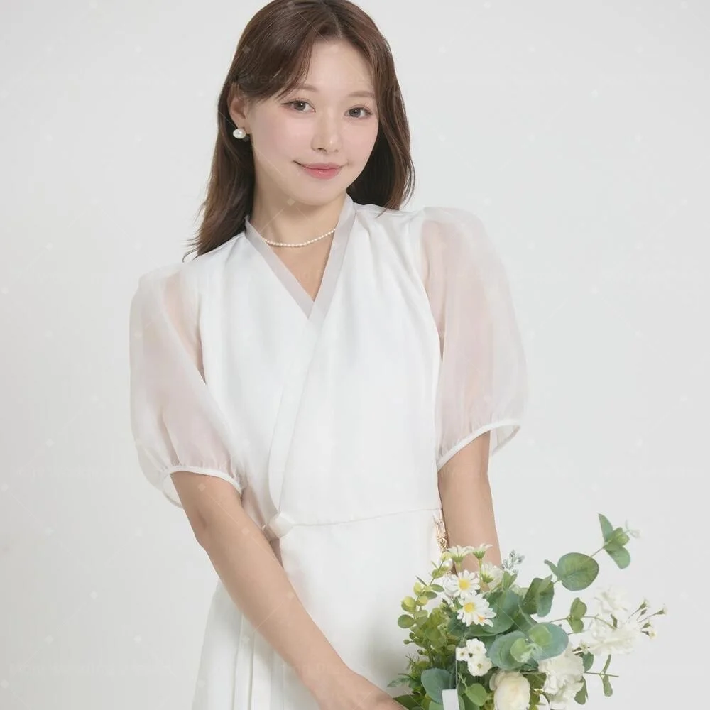 Mojy 2026 Customized Hanbok A-Line Elegant Korea Wedding Dresses Short Sleeves Modern Bridal Dress 웨딩드레스 Photo Shoot