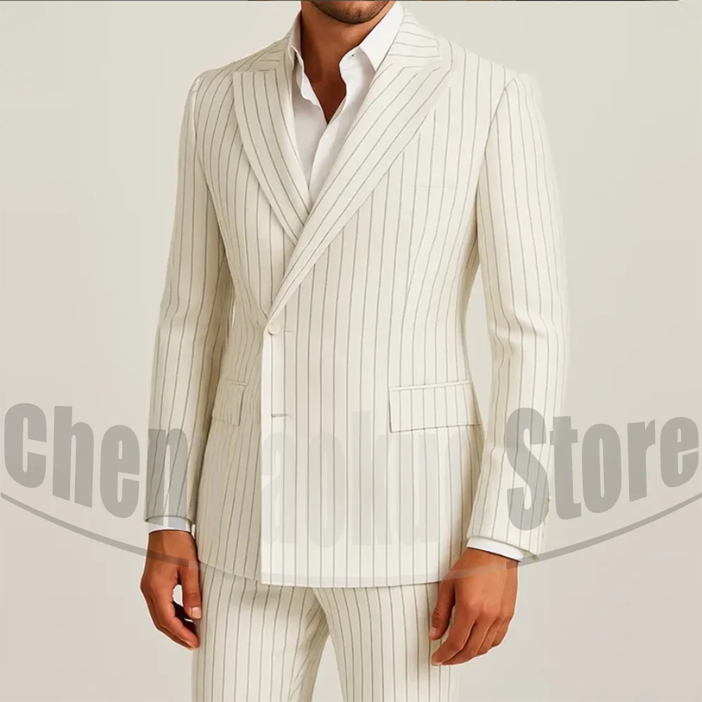 

Men's Striped Suit Set Chic Single Breasted Peak Lapel Outfit Formal Fashion New Arrival Business Casual Office Male Suit
