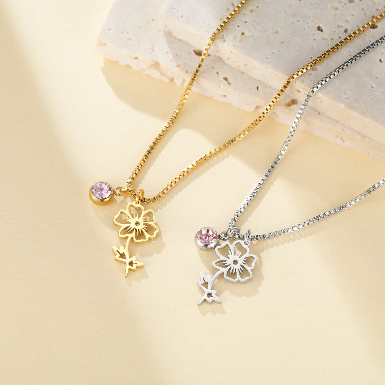 Skyrim 12 Months Birthstone Flowers Pendant Necklace Women Stainless Steel Gold Color Box Chains Jewelry Birthday Gift
