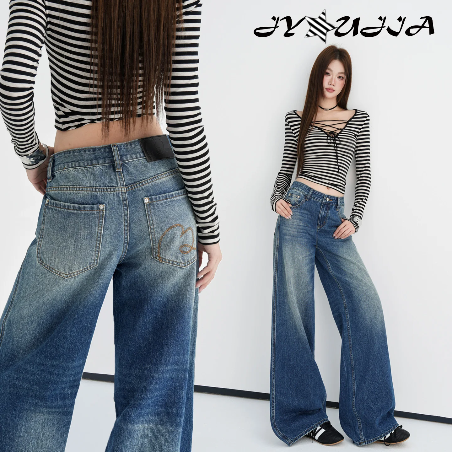 Women Vintage Blue Washed Wide Leg Jeans 2026 Early Autumn Back Pocket Heart Embroidery Loose Draped Design Denim Long Pants Y2K