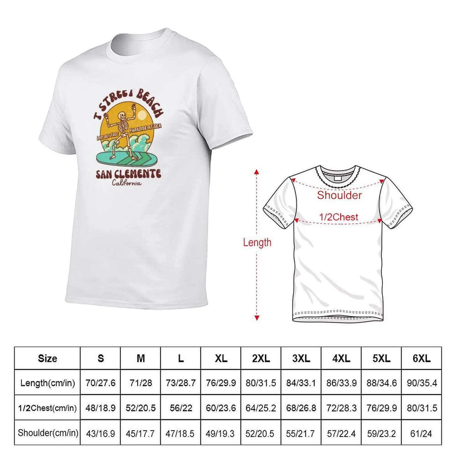 Retro Sixties T Street Beach, San Clemente, California, Brown Text- Skeleton Beach / Skeleton Surf T-Shirt
