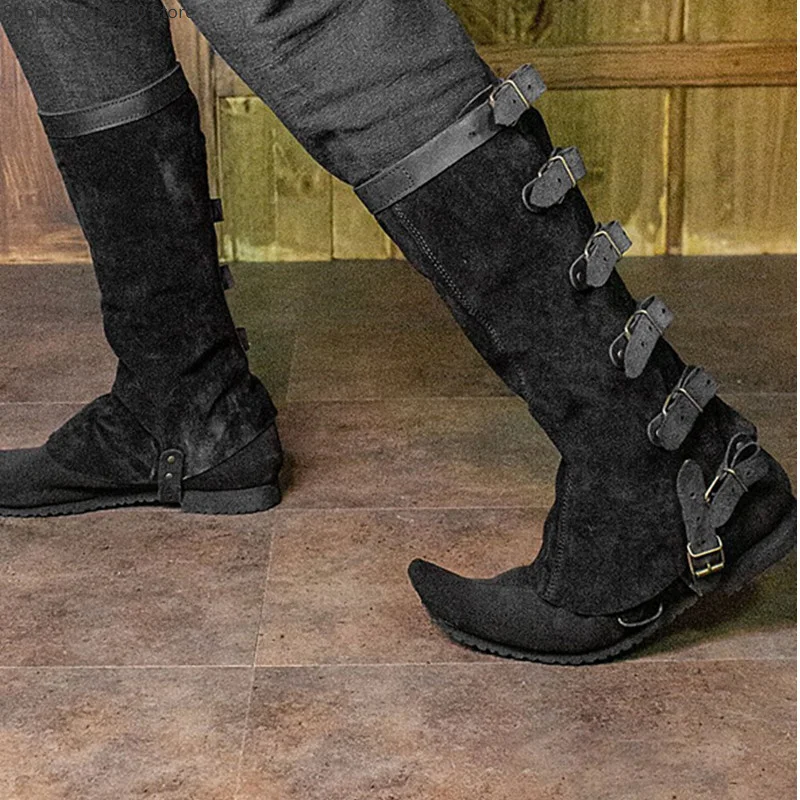 Medieval Style Multi Buckle Leg Guards Faux Suede Detachable Boot Covers Vintage Shoe Sleeves Adult Role‑play Costume Accessory