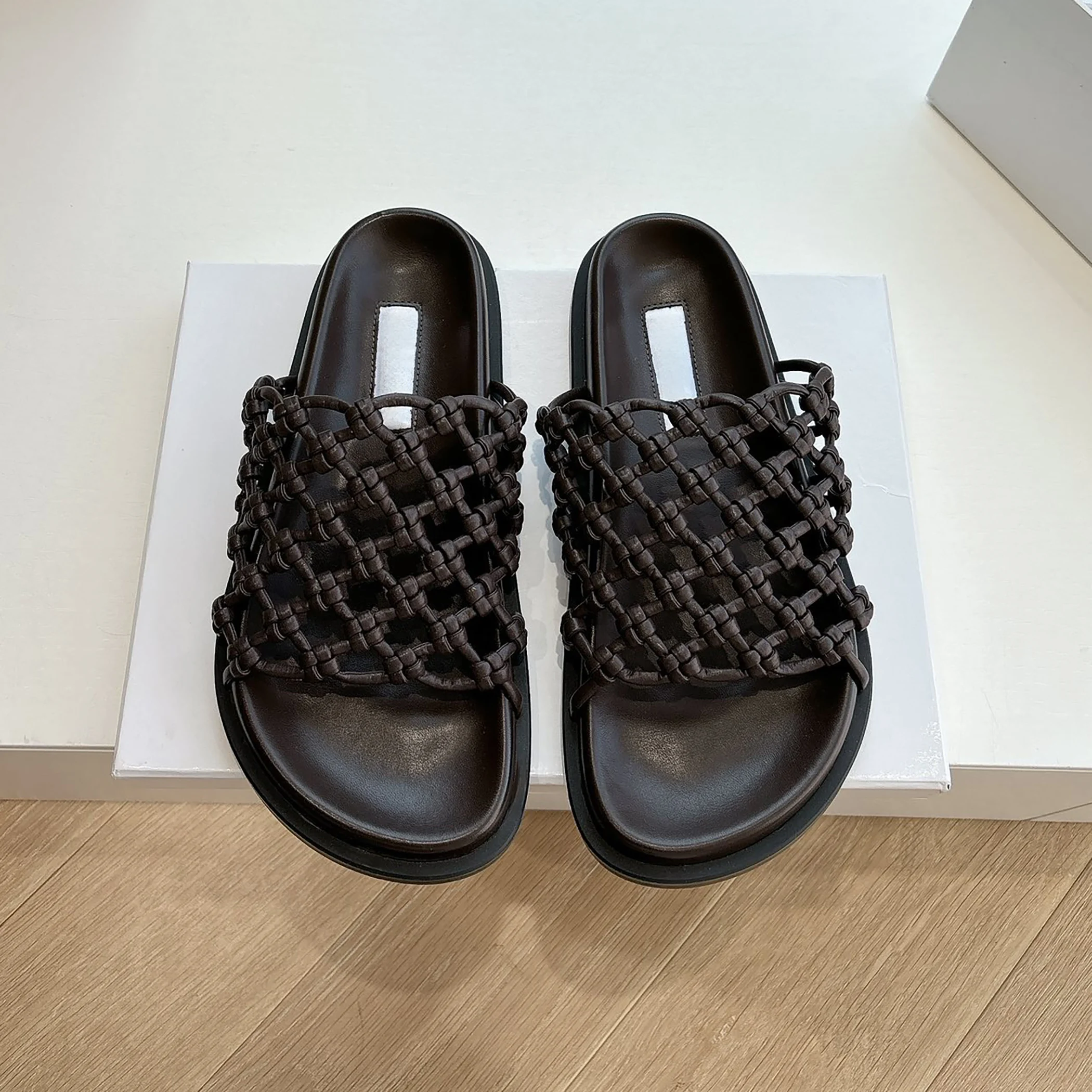 

2026 summer minimalist new leather woven fish mouth sandals for women, height increasing thick soled slippers