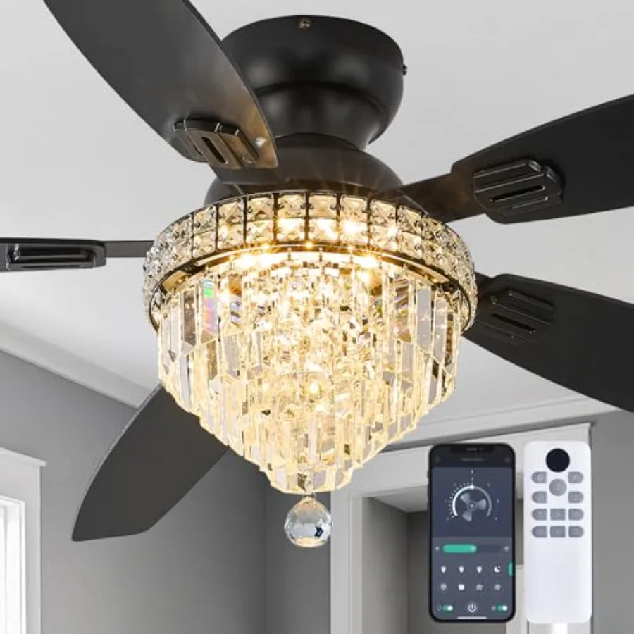 

Crystal Ceiling Fan Fandelier with Lights for Bedroom: 54 Low Profile Flush Mount, Black, Reversible Dimmable Noiseless Fan wit