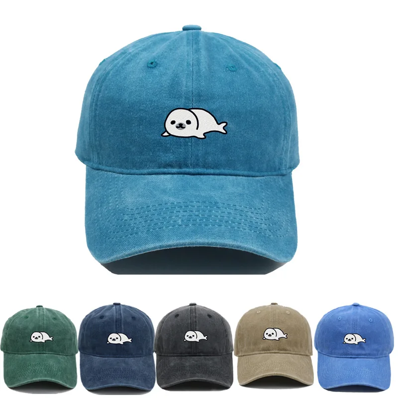 1pc Vintage Washed Seal Embroidery Baseball Cap Unisex Adjustable Curved Brim Dad Hat Marine Animal Lover Casual Outdoor Sun Hat