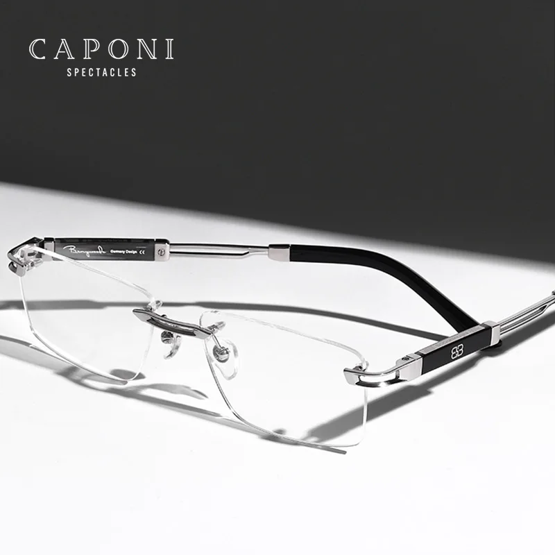 CAPONI Hot Rimless Men\'s Glasses Frame Luxury Business Pure Titanium Acetate Eyeglasses UV400 Brand Design New Spectacles J23026