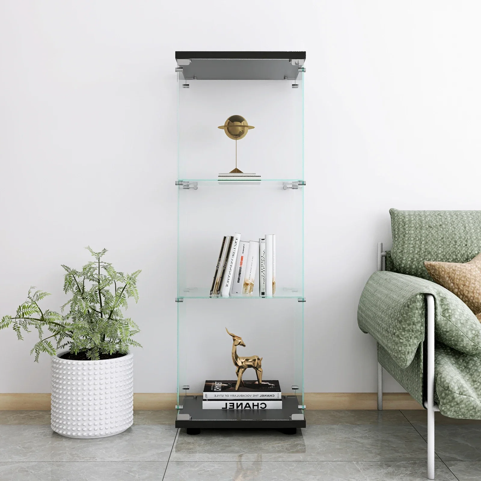 Rosahqnda: vetrina in vetro con una sola porta e 3 ripiani in vetro temperato, mobile da terra per esporre oggetti, ideale per soggiorno, camera da letto o ufficio, disponibile in nero o bianco.