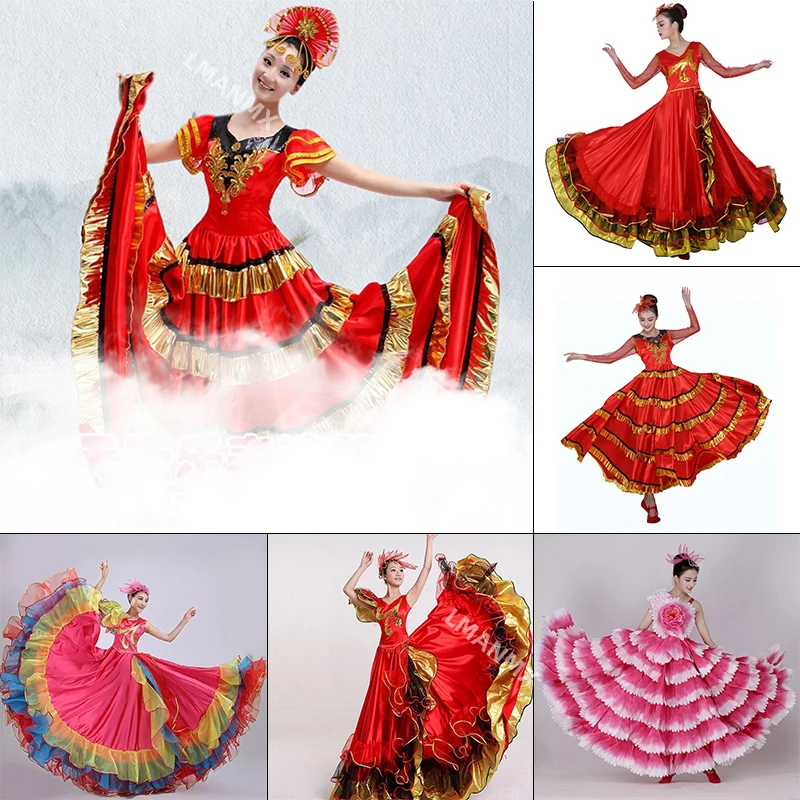 Women Spanish Dance Costume 180/360/720 Classic Gypsy Dance Flamenco Dress Big Swing Skirts Bullfight Belly Stage Performance