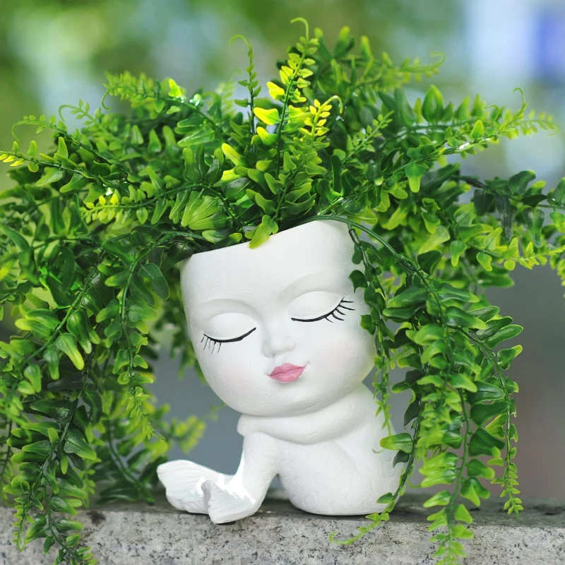 

Mermaid Girl Face Head Flower Pot Resin Modern Plant Women Human Flowerpot Desktop Room Decoration Garden Pots & Planters