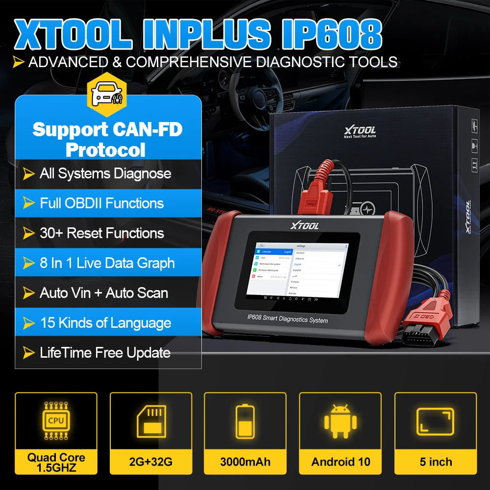 XTOOL InPlus IP608 Automotive Scanner All System Car Diagnostic Tools 30+ Services With CANFD OBD2 Scanner Lifetime Free Update